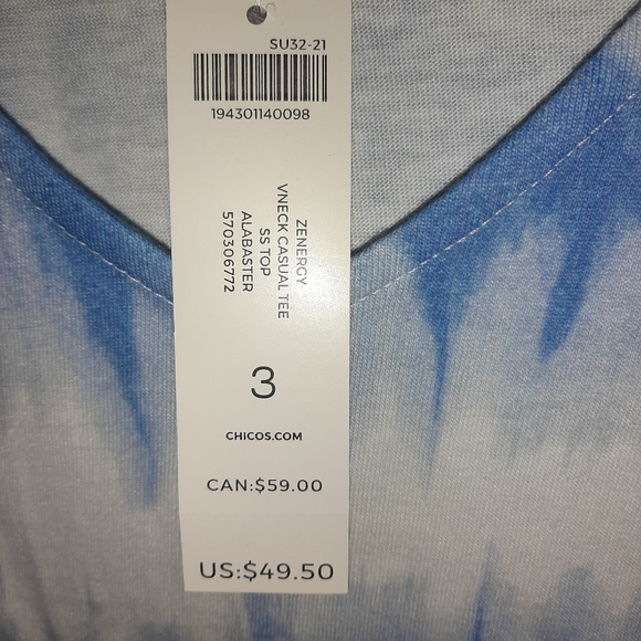 Sold ^ NWT Chico's Zenergy V-neck SS Casual Tee, Chicos Size 3, blue aqua - Picture 4 of 7